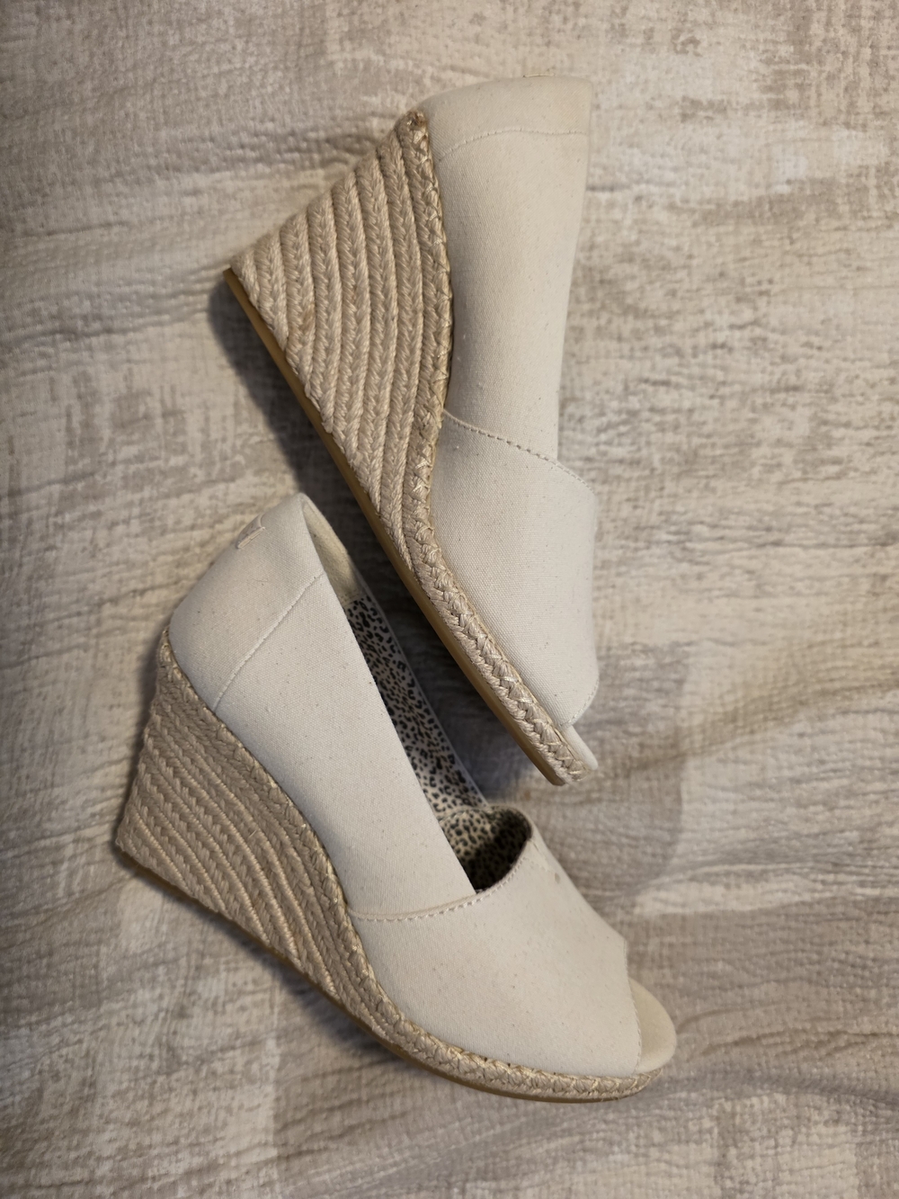 Toms Cream Canvas Peep-Toe Espadrille Wedges